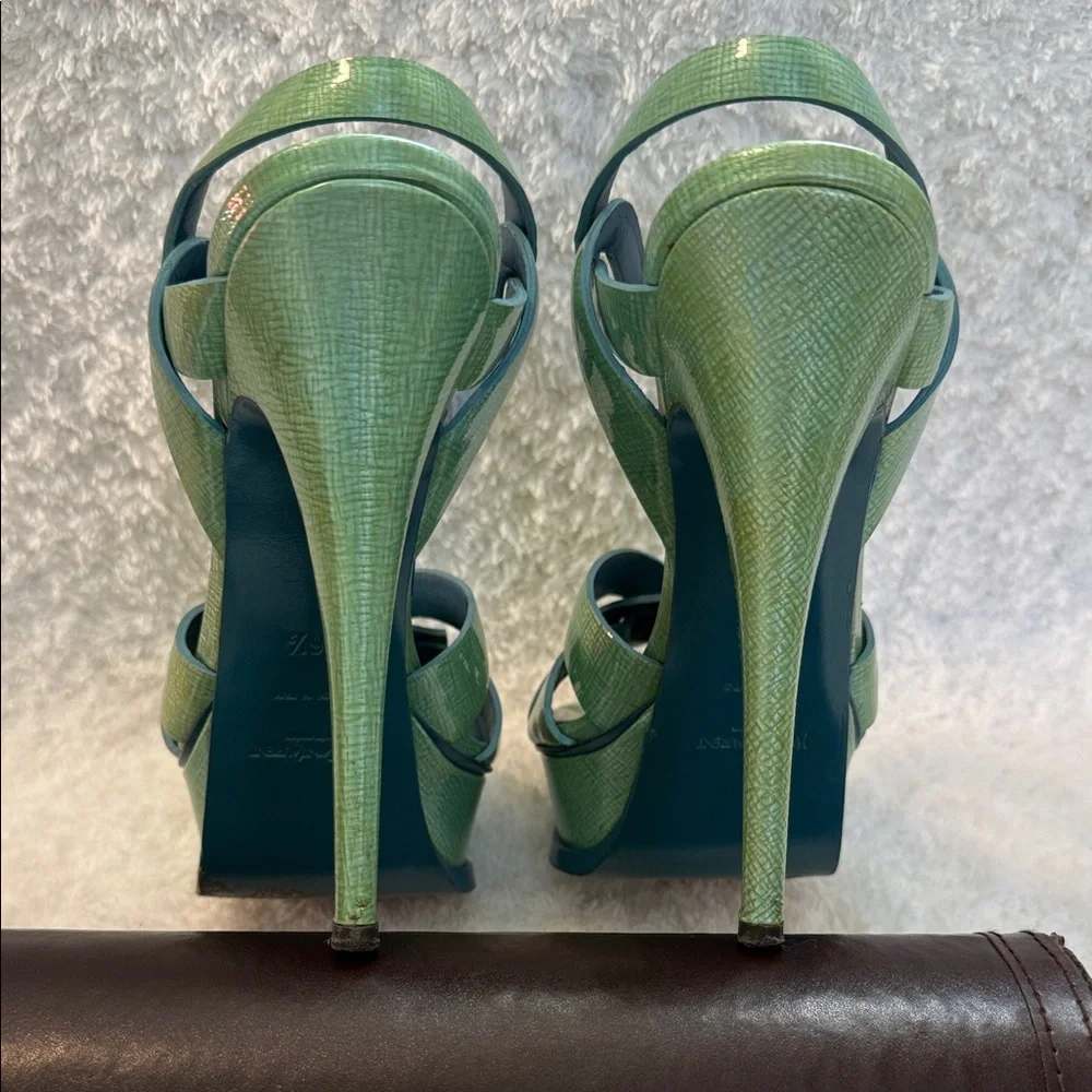 YSL Yves Saint Laurent Tribute Green Lizard Embossed Platform Heels Sandals 36.5